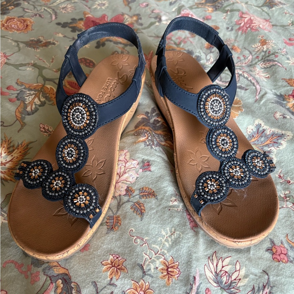 Skechers Navy Beaded Wedge Sandals
